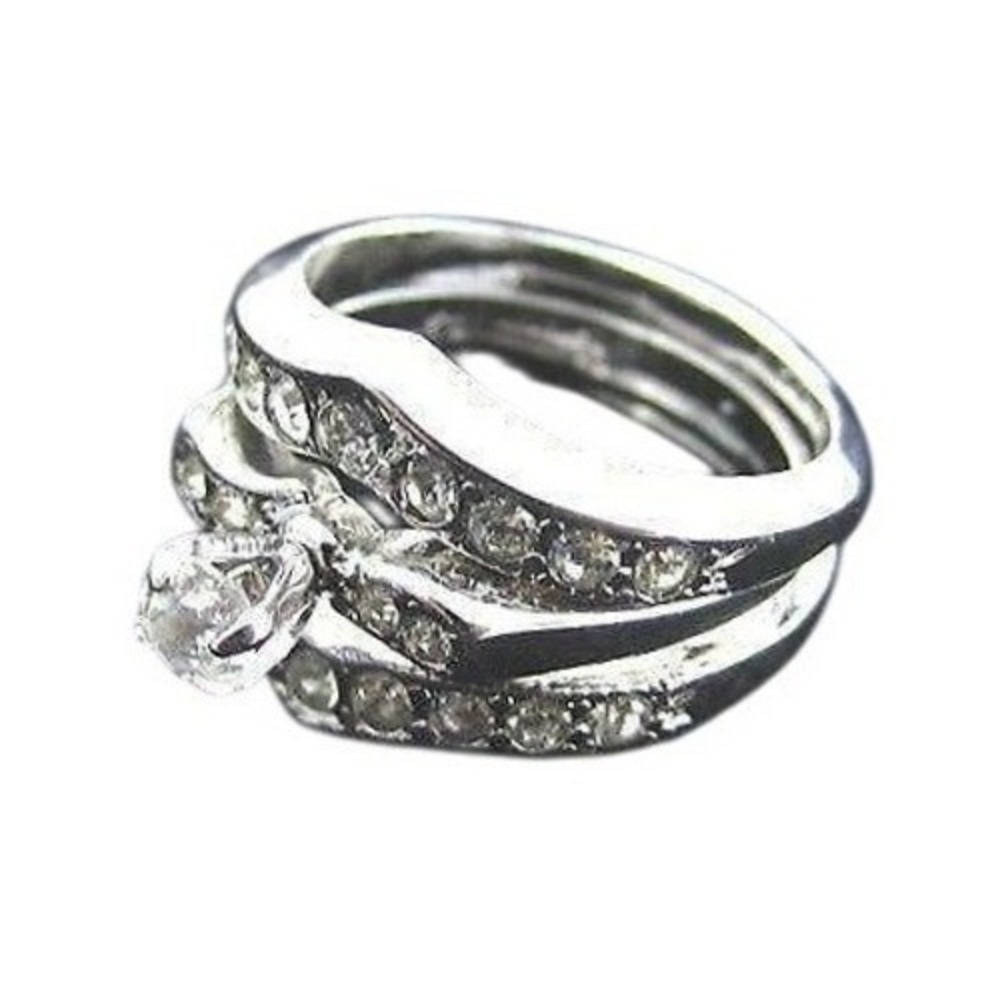VINTAGE BRILLIANT 14K GE ESPO WHITE GOLD PLATED 2PC RING & GUARD*SZ 9